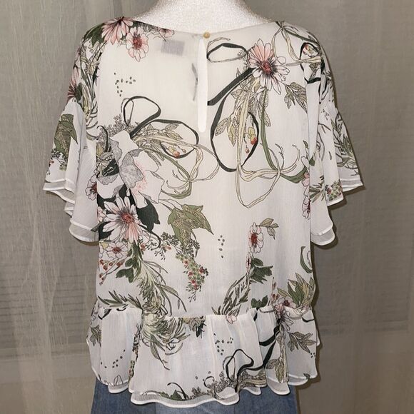Aritzia L Little Moon Ruffle Sleeve Floral Peplum Blouse White Green - Picture 6 of 16